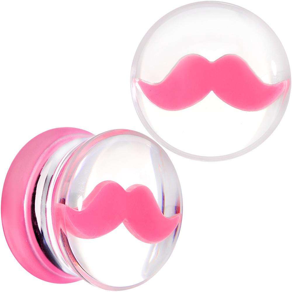 Clear Acrylic Pink Mustache Double Flare Saddle Plug Set 2G to 20mm