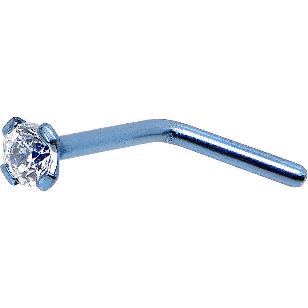 20G 1/4 Clear CZ Light Blue Titanium IP L-Shaped Nose Ring