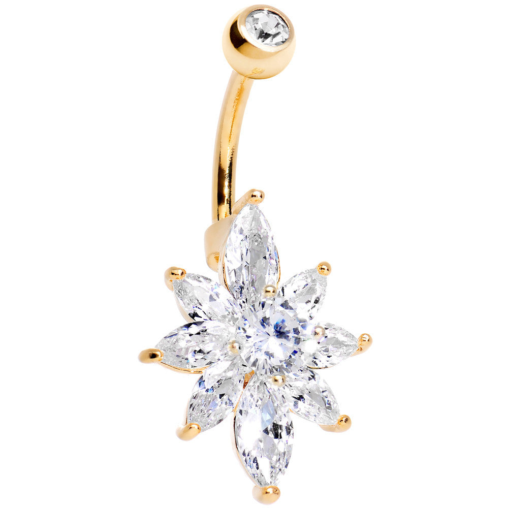 Clear Cubic Zirconia 14k Gold Plated Marquise Petals Flower Belly Ring