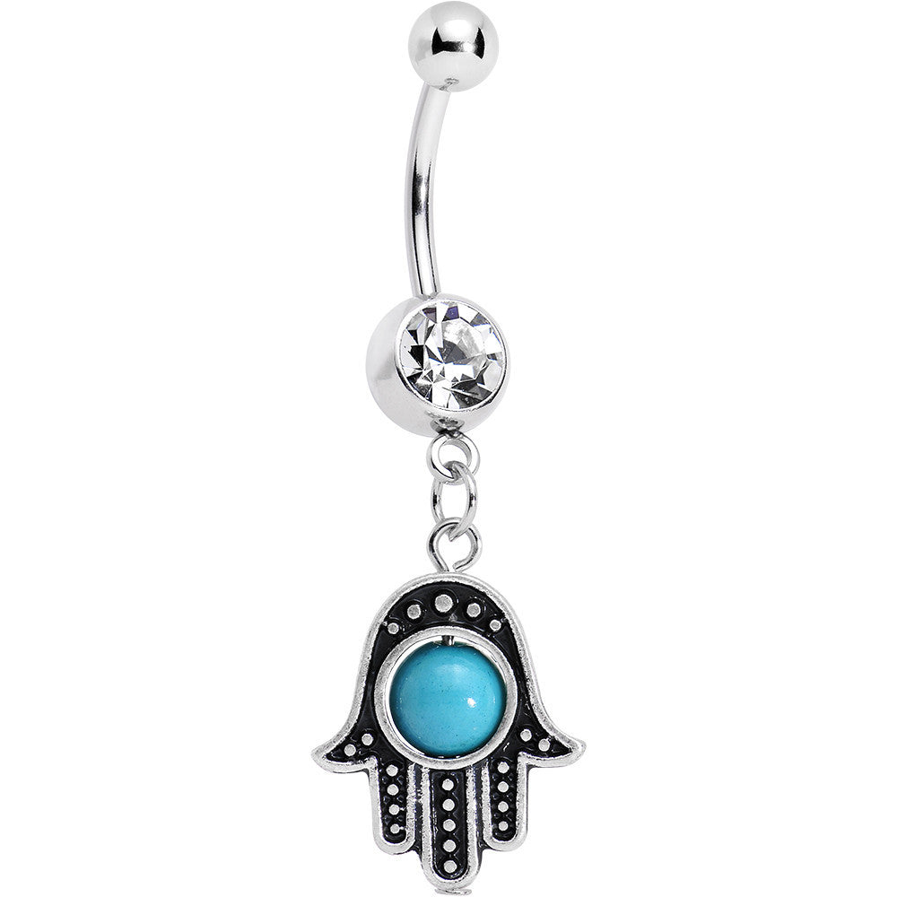 Clear Gem Aqua Orb Hamsa Hand Dangle Belly Ring