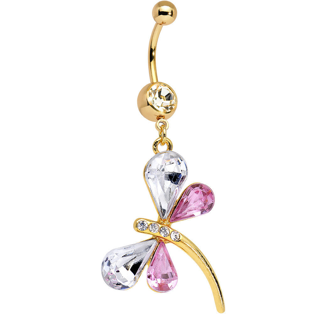 Gold Plated Clear Pink Gem Wing Dragonfly Dangle Belly Ring