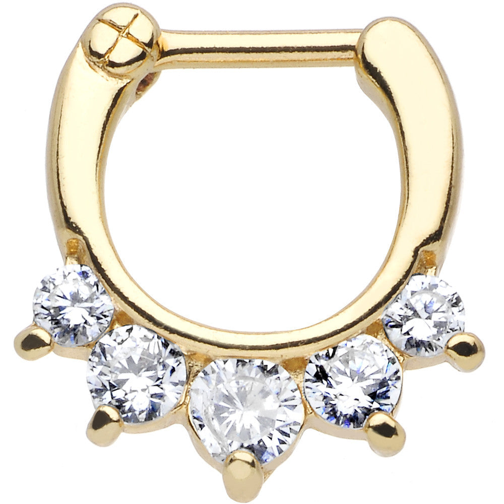 16G Gold Plated Golden Penta Clear Gem Septum Clicker