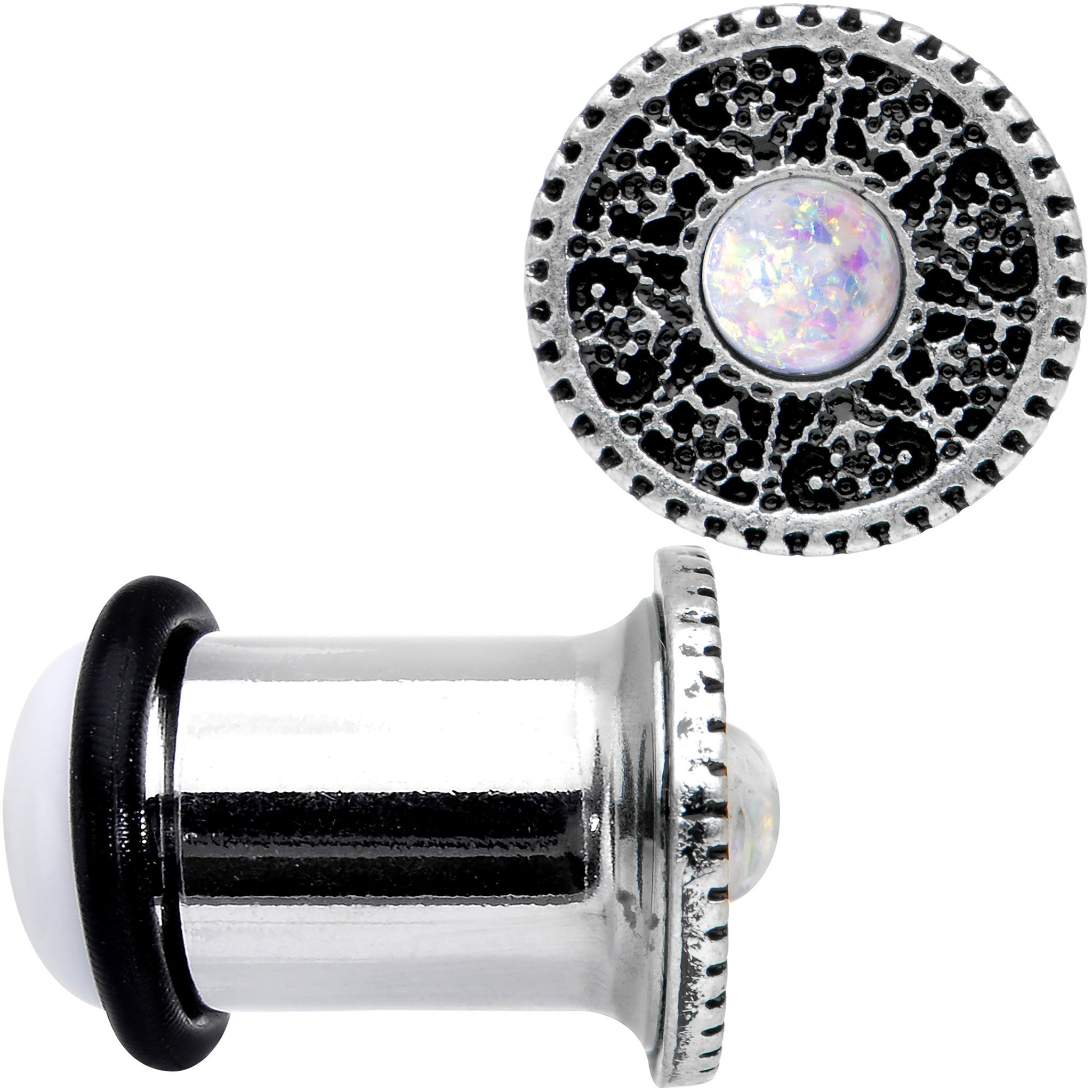 0G Stainless Steel Sky Wheel White Synthetic Opal Plug Set