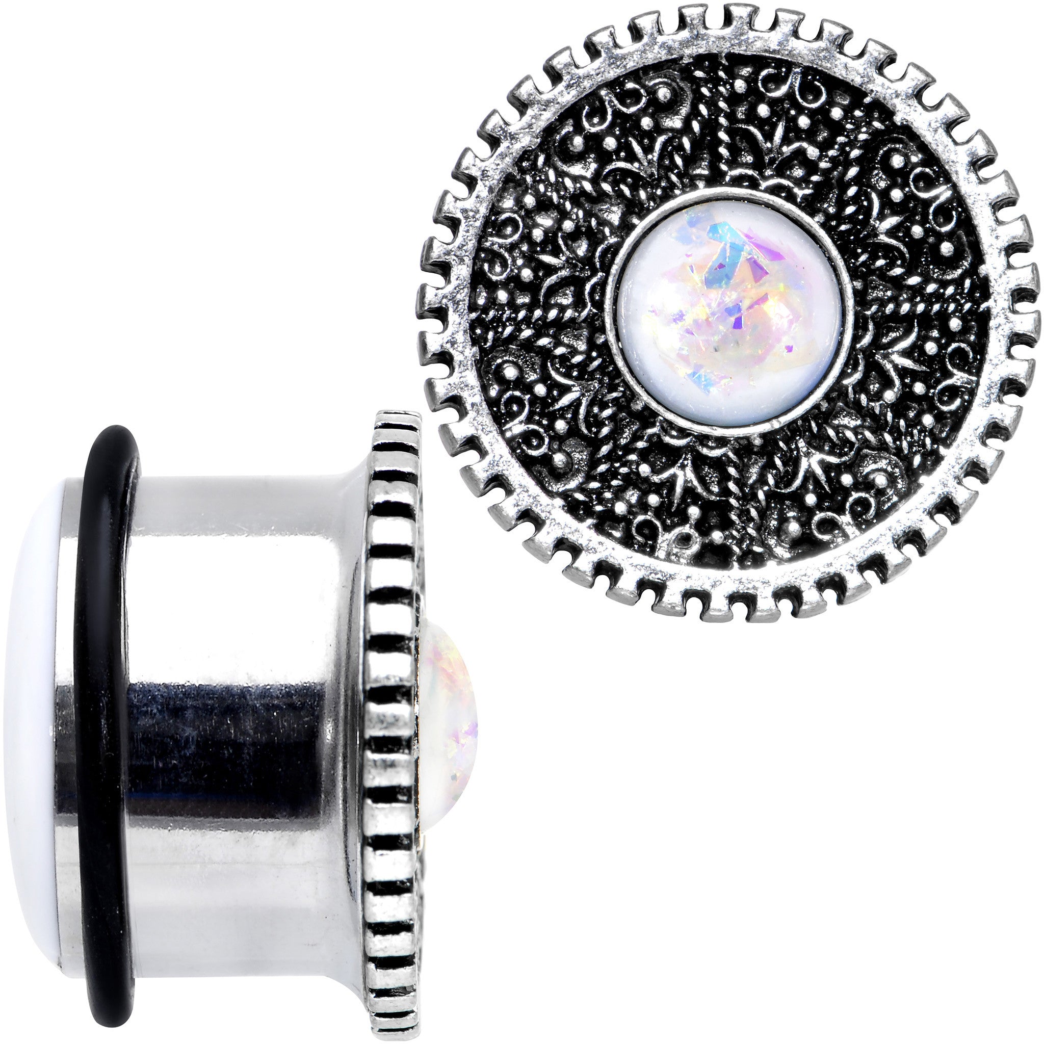3/4 Stainless Steel Sky Wheel White Synthetic Opal Plug Set