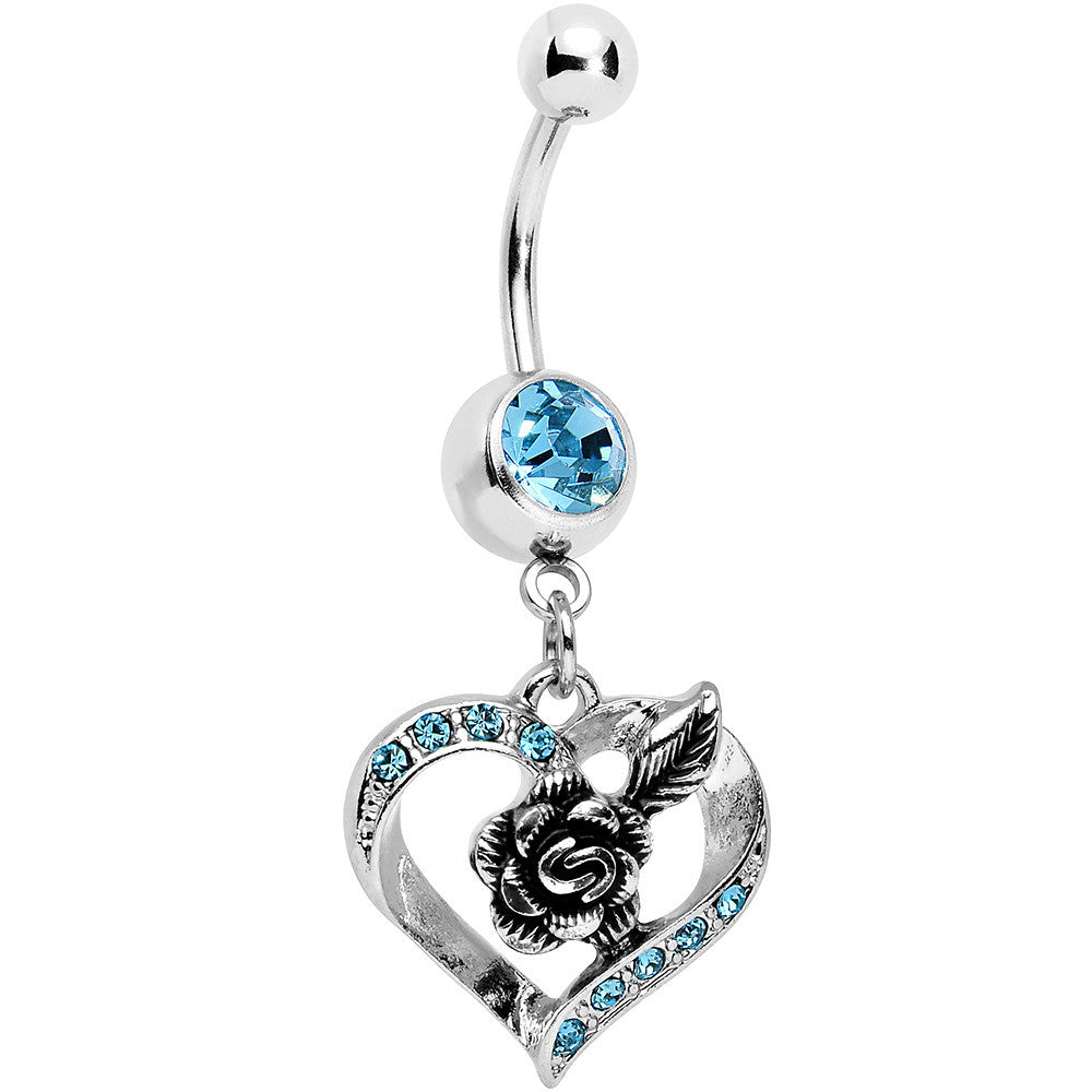 Aqua Gem Tattoo Rose Flower in a Hollow Heart Dangle Belly Ring