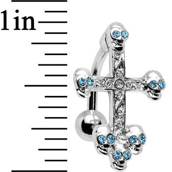 Aqua Gem Top Mount Skull Studded Gothic Cross Belly Ring