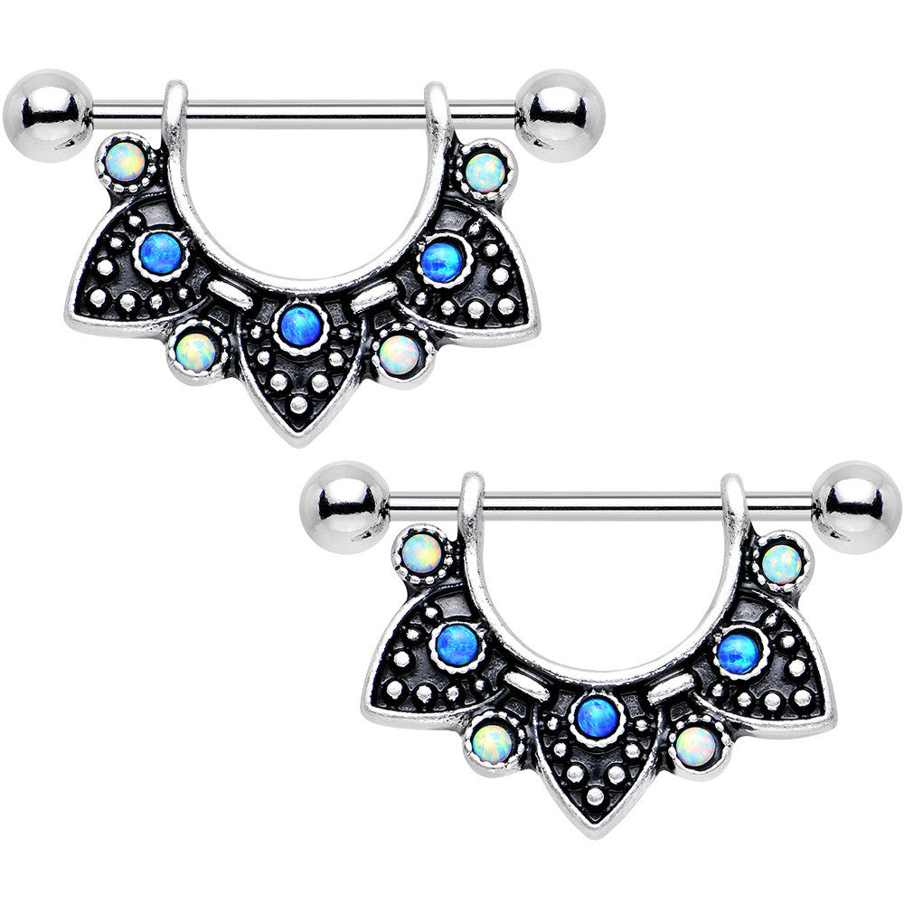 Blue and White Synthetic Opal Ancient Aztec Dangle Nipple Shield Set