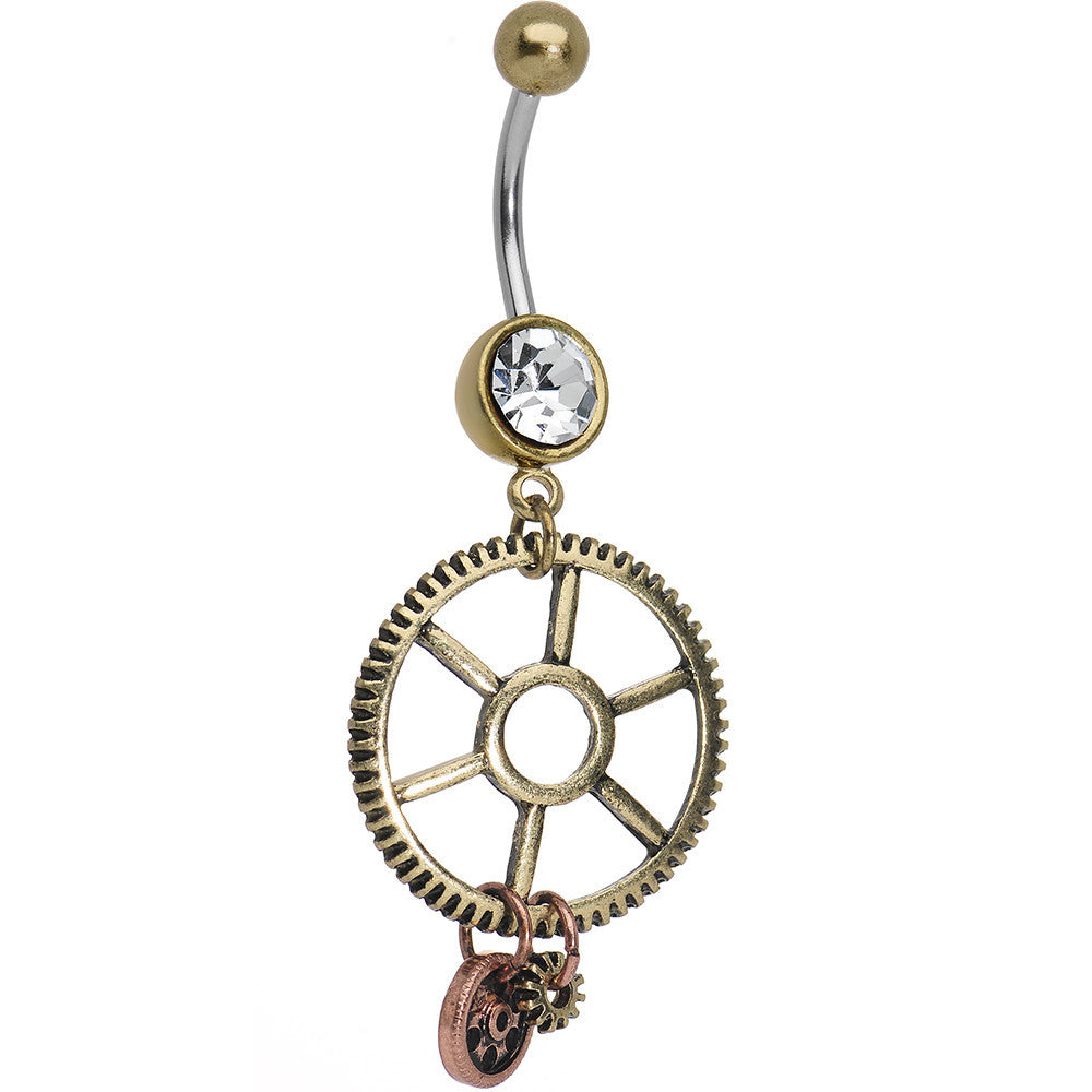 Clear Gem Get in Gear Worker's Wheel Dangle Belly Ring