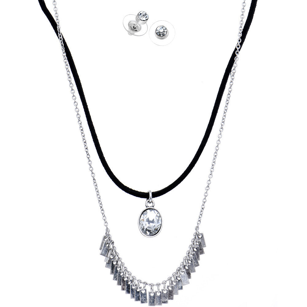 Burnished Silver Clear Necklace and Stud Earring Set