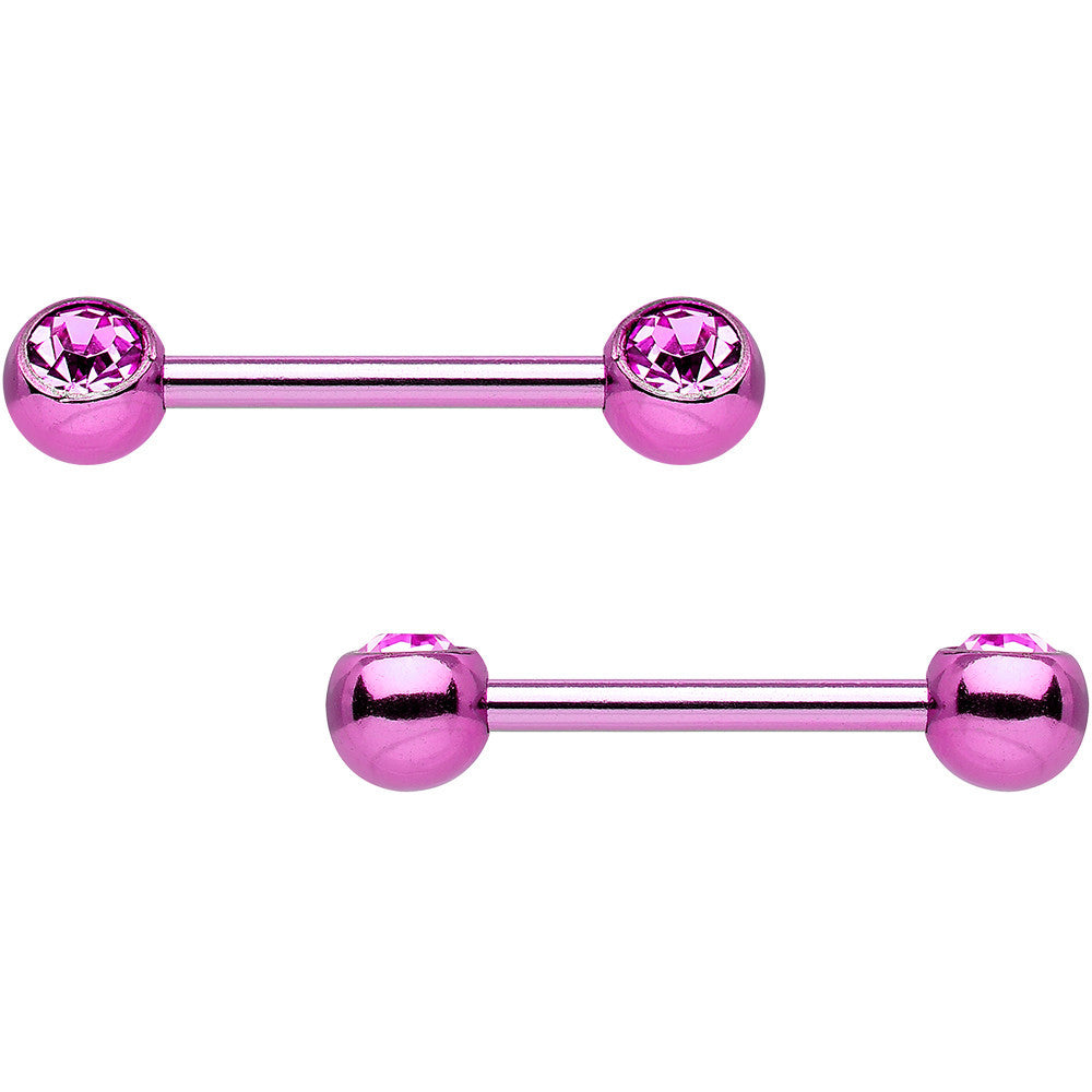Pink Anodized Titanium Double Gem Nipple Barbell Set