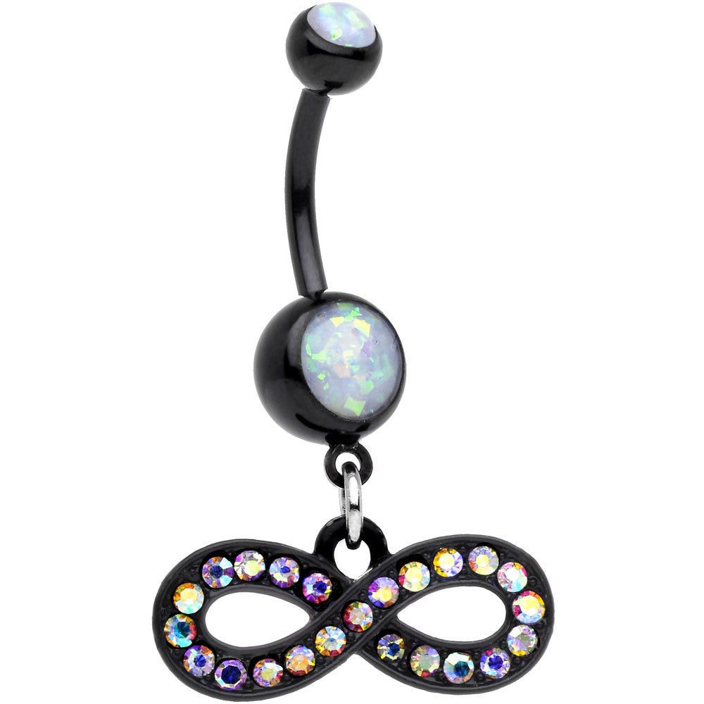 White Resin Faux Opal CZ Black PVD Infinity Dangle Belly Ring