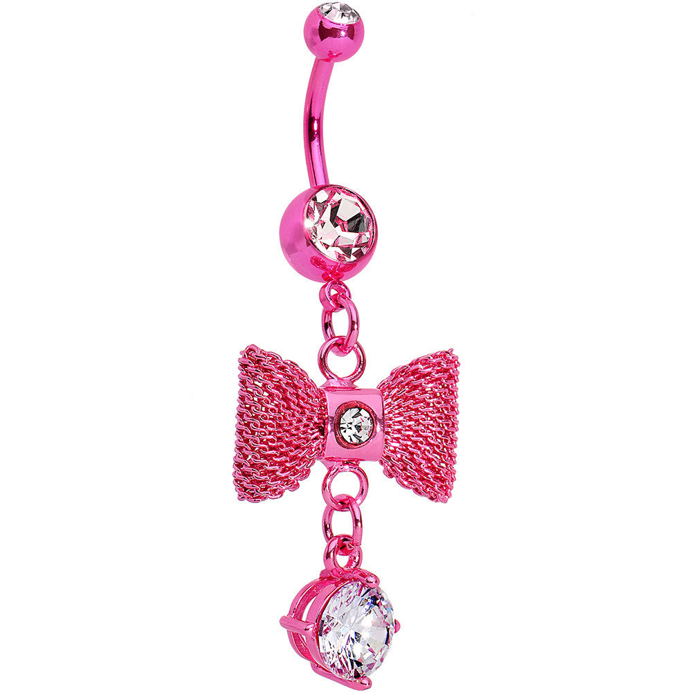 Clear Gem Pink IP Steel Bow Dangle Belly Ring