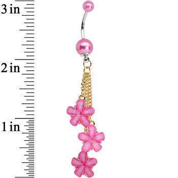 Golden Chain Hot Pink Pearly Floral Dangle Belly Ring