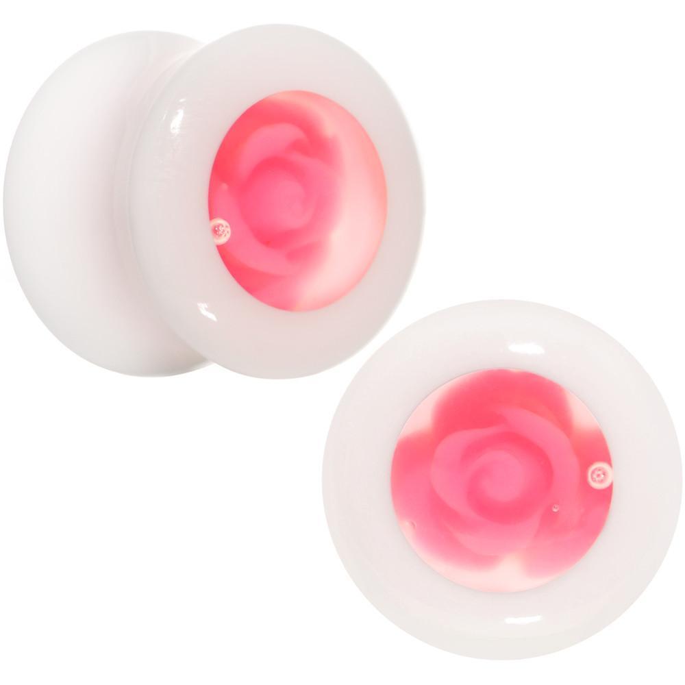 White Acrylic Pink Rose Flower Insert Saddle Plug Set Available in Sizes 00G to 26mm