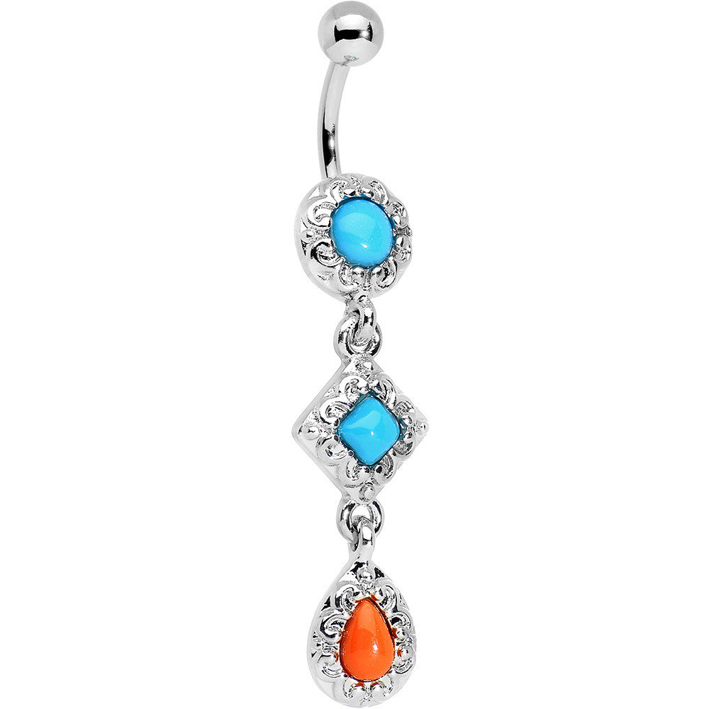 Blue Orange Czech Stone Diamond Teardrop Dangle Belly Ring