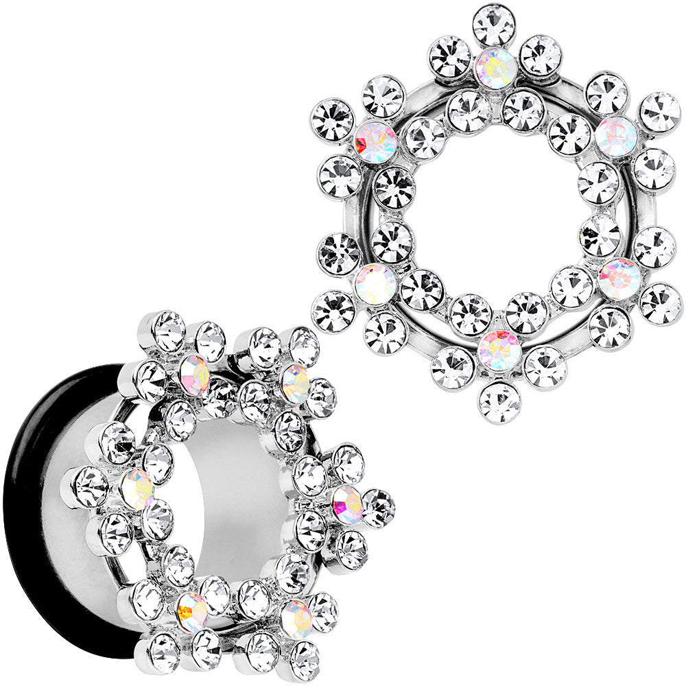 18mm Clear and Aurora Gem Snowflake Steel Tunnel Plug Set