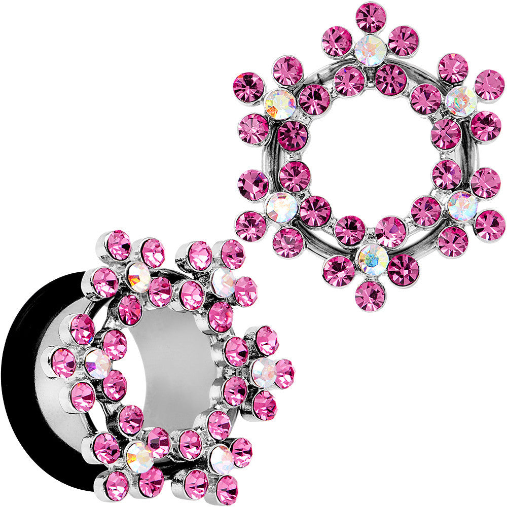 9/16 Pink and Aurora Gem Snowflake Steel Tunnel Plug Set