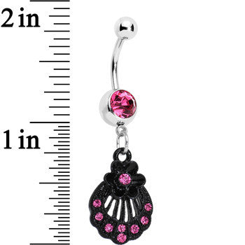 Pink Czech Stone Black Floral Seashell Dangle Belly Ring