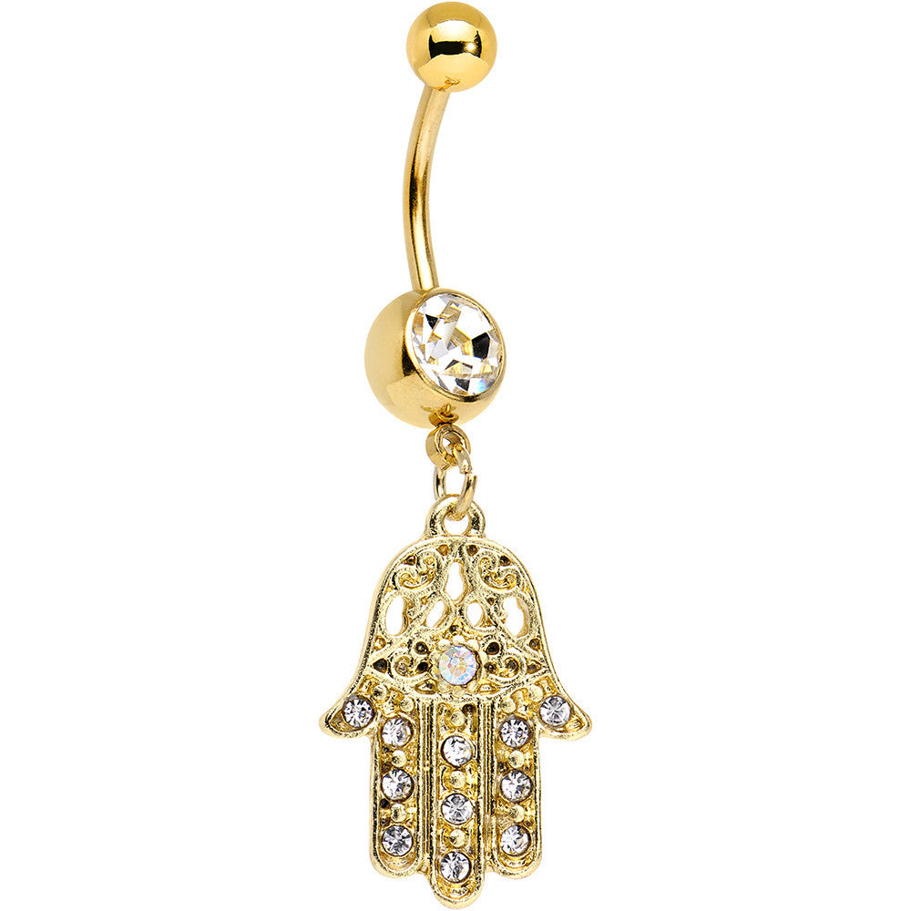 Clear Gem Gold Anodized Hamsa Hand Dangle Belly Ring