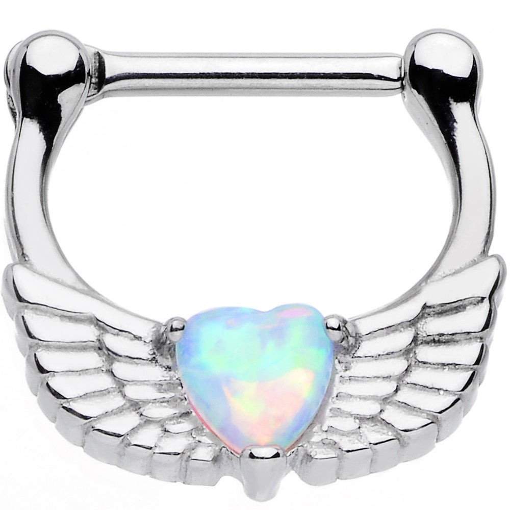 16G Steel White Synthetic Opal Heart Angel Wing Septum Clicker