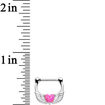 16G Steel Pink Synthetic Opal Heart Angel Wing Septum Clicker