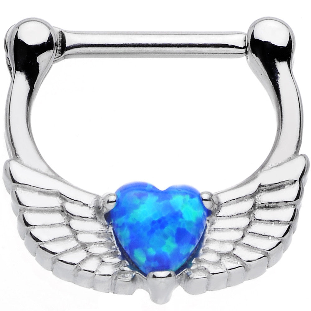 16G Steel Blue Synthetic Opal Heart Angel Wing Septum Clicker