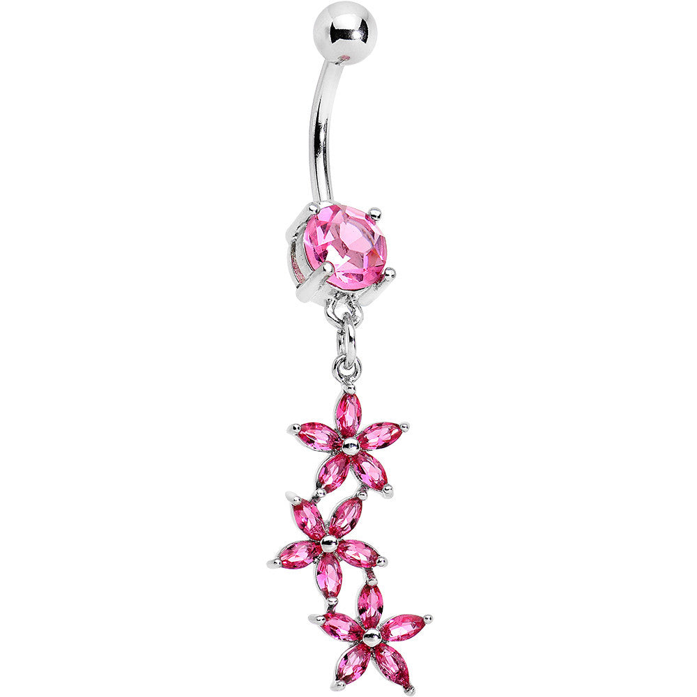 Pretty Pink CZ Gem Cascading Fall Flower Bouquet Dangle Belly Ring