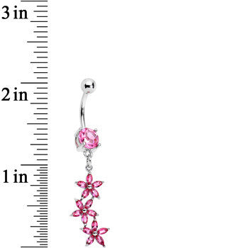 Pretty Pink CZ Gem Cascading Fall Flower Bouquet Dangle Belly Ring