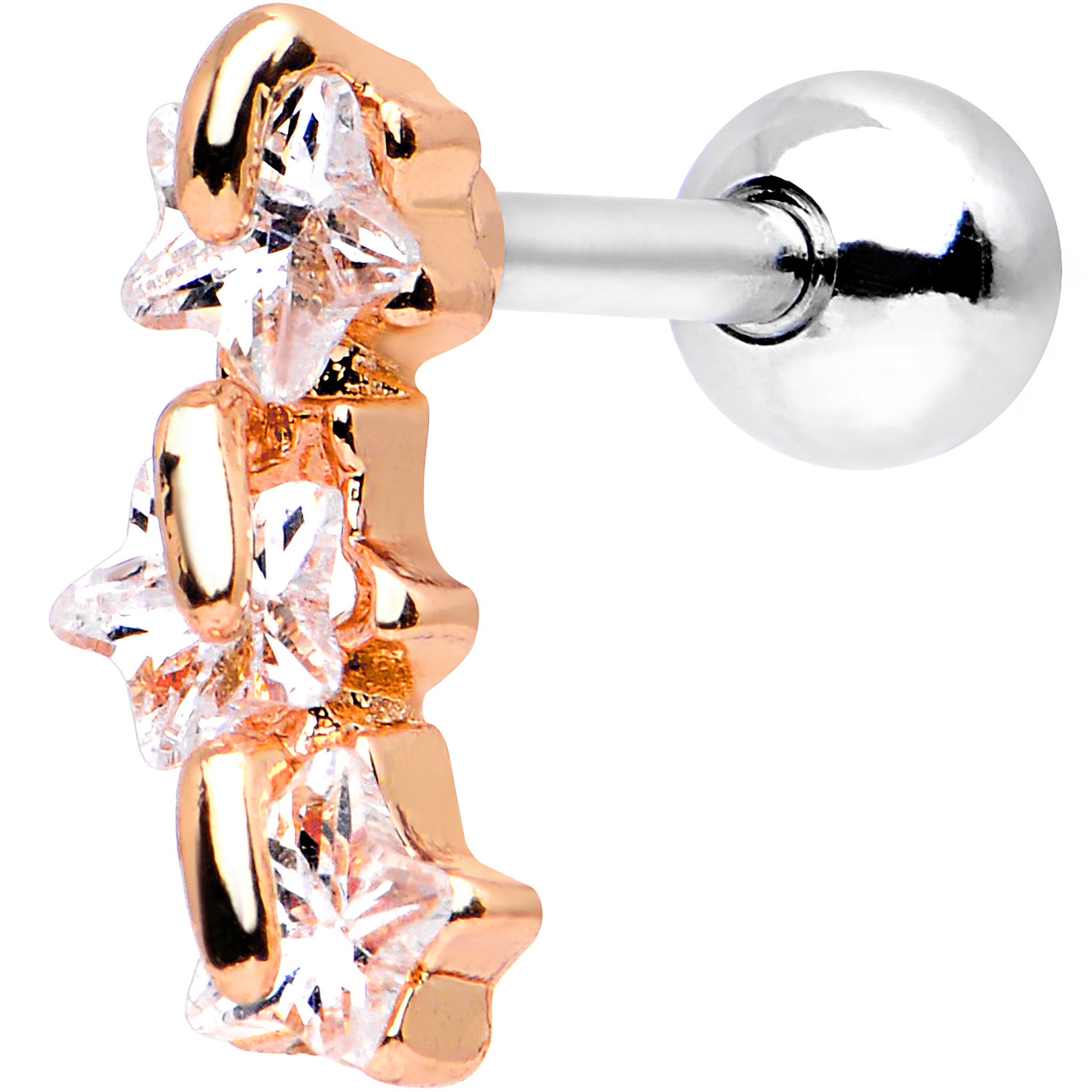 16G 1/4 Steel Clear CZ Rosy Three Star Right Cartilage Earring