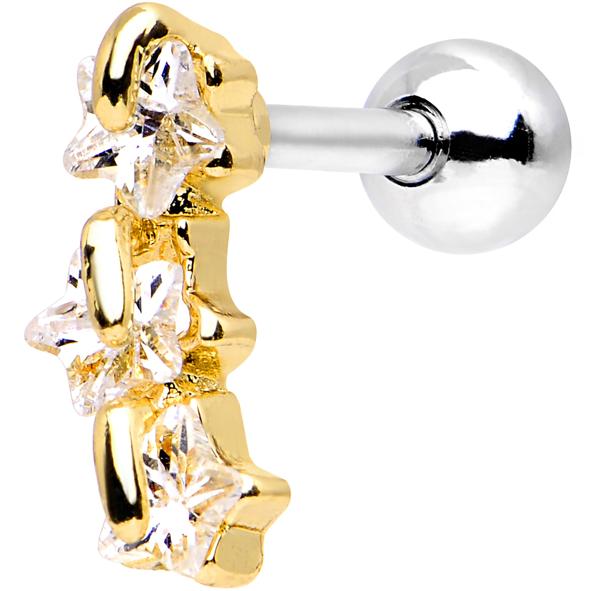 16G 1/4 Steel Clear CZ Sunny Three Star Right Cartilage Earring