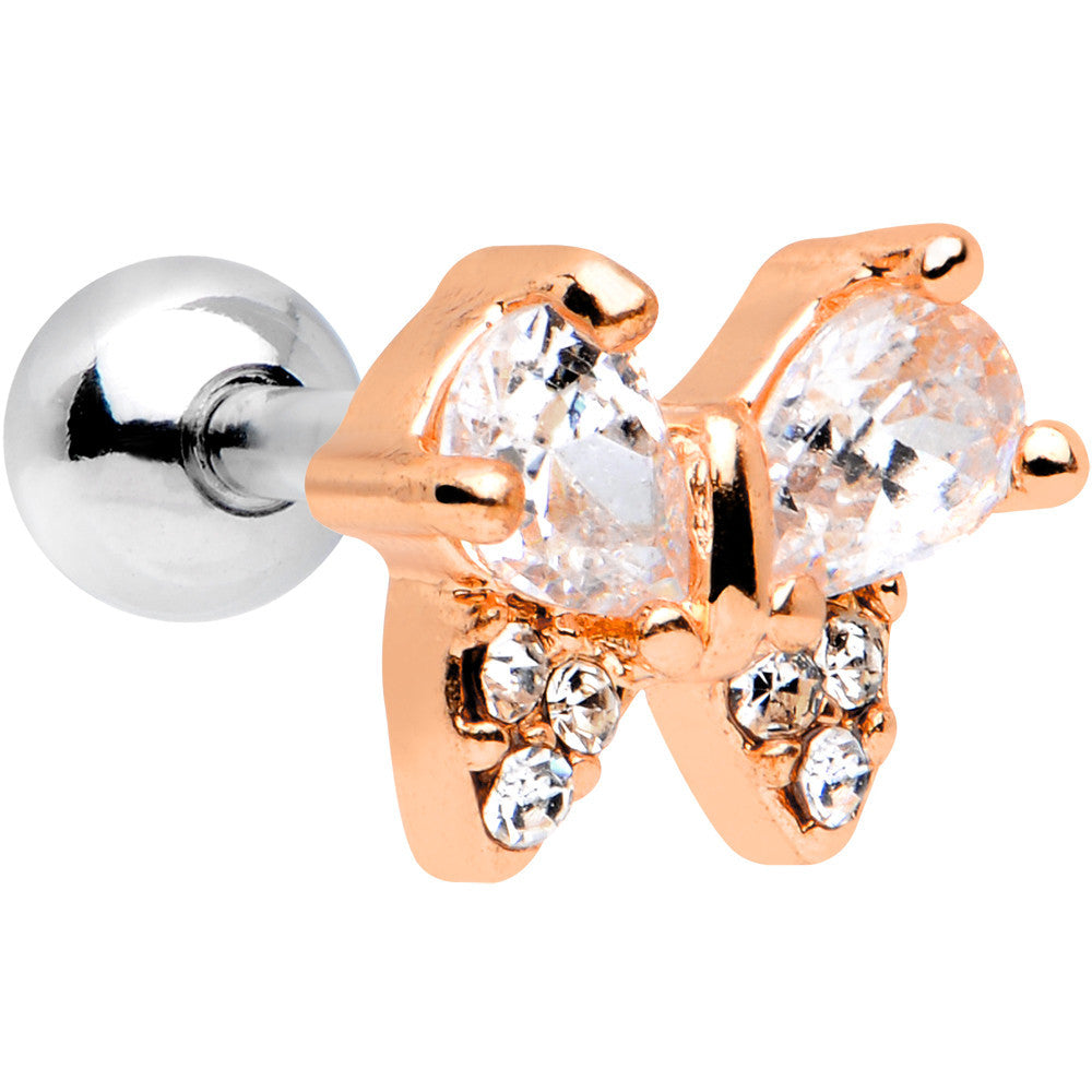 16G 1/4 Steel Clear CZ Rosy Butterfly Cartilage Earring
