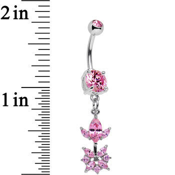 Pink CZ Gem Glitter Budding Flower Dangle Belly Ring