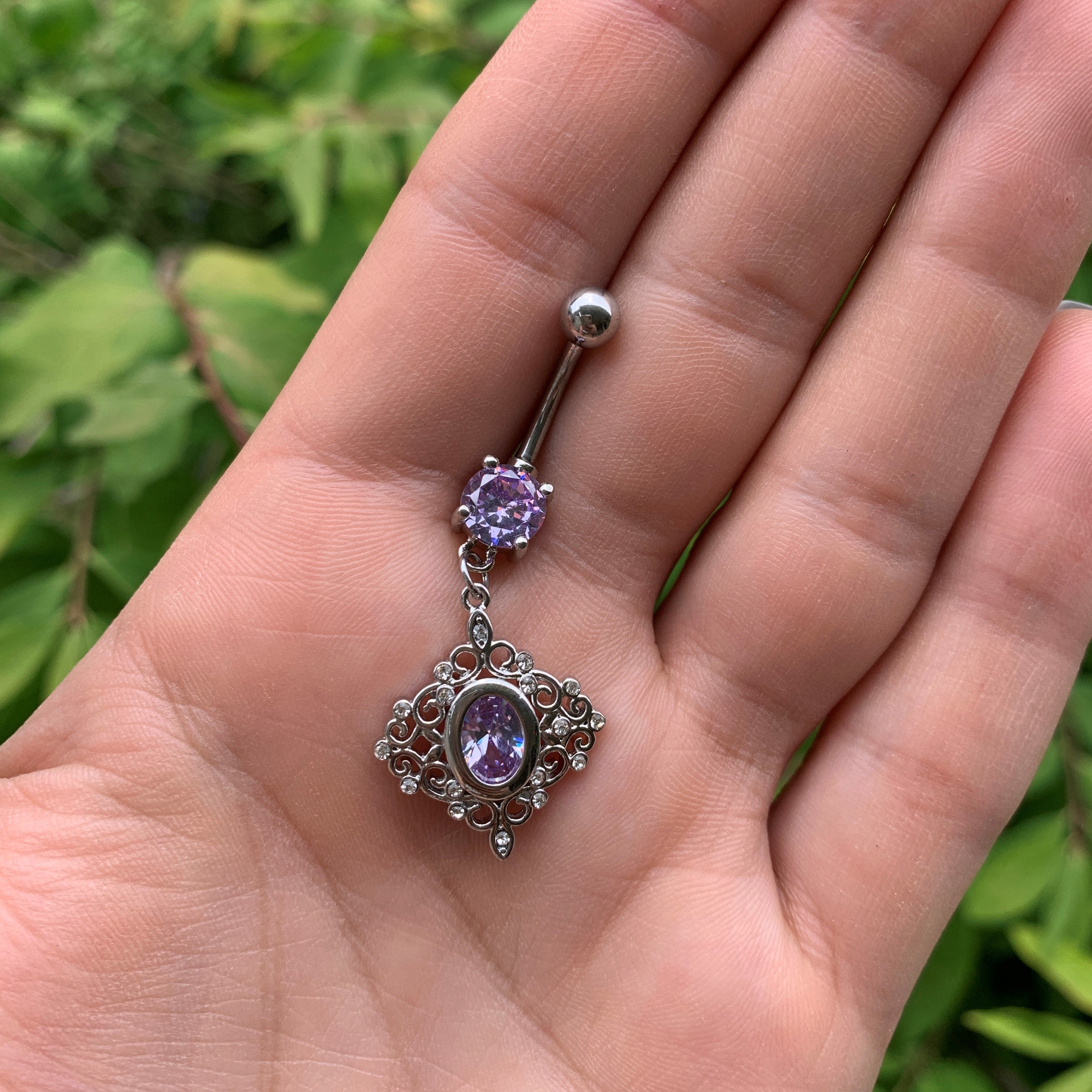 Clear Purple CZ Gem Princess Cut Drop Dangle Belly Ring
