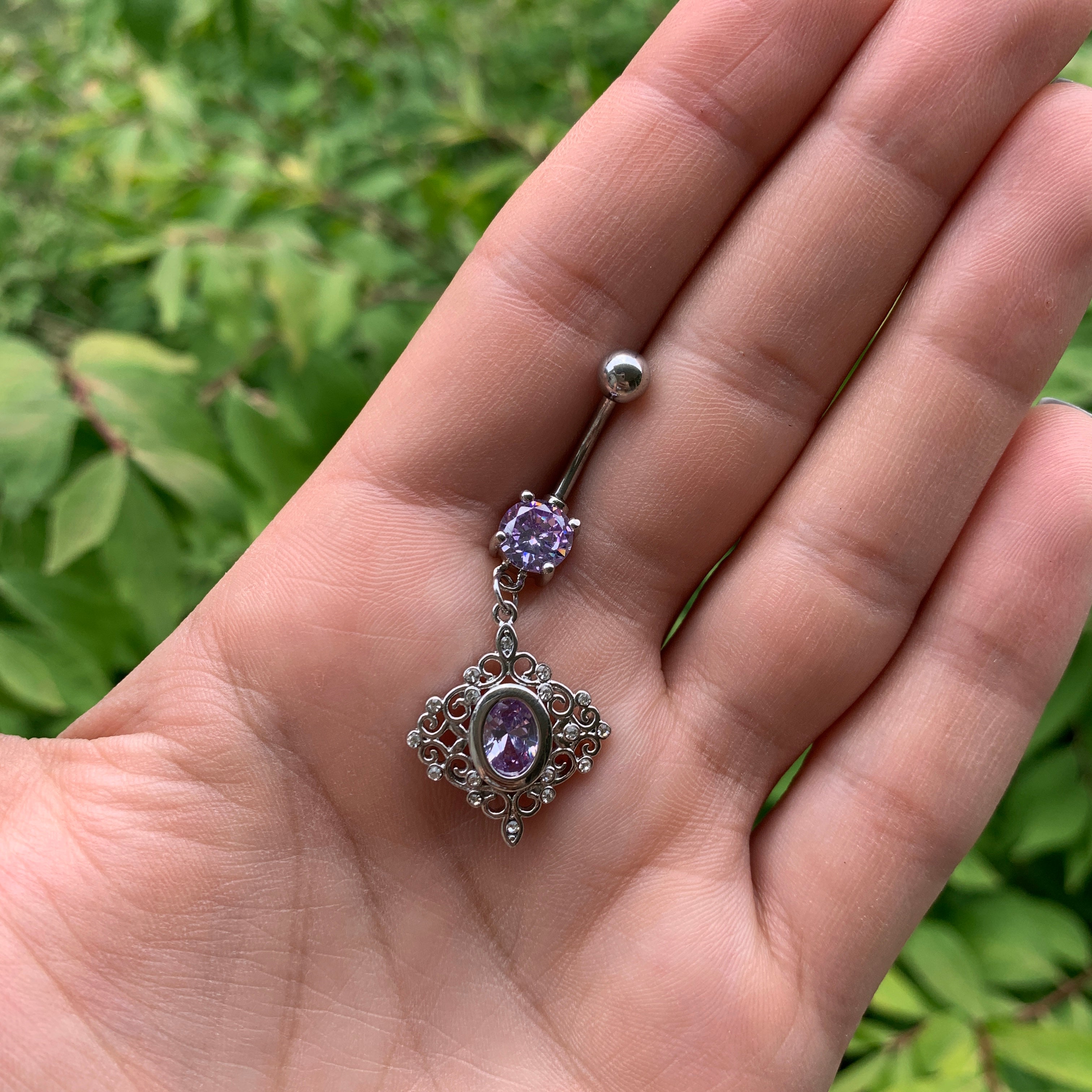 Clear Purple CZ Gem Princess Cut Drop Dangle Belly Ring