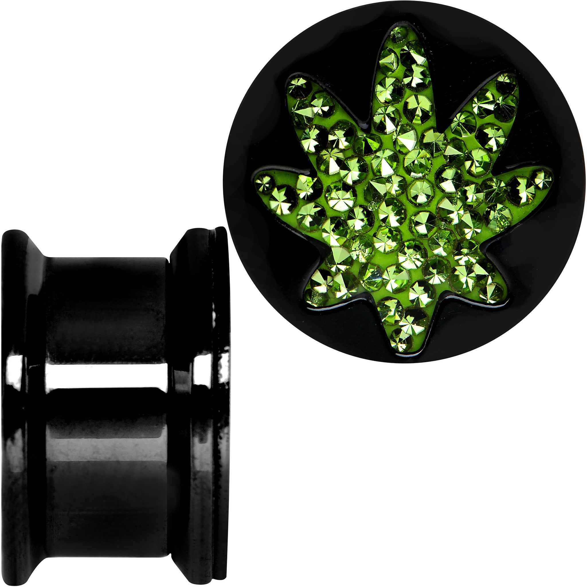 9/16 Black Plated Ganja Green Pot Leaf Saddle Stash Plug Set