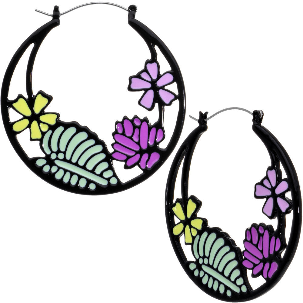 Pink Purple Green Floral Bouquet Black Tunnel Hoop Earrings