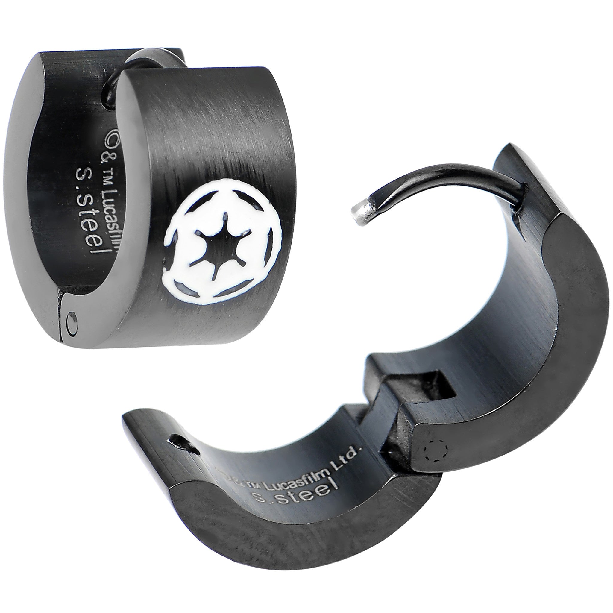 Licensed Black PVD Star Wars Imperial Crest Hoop Huggy Earrings