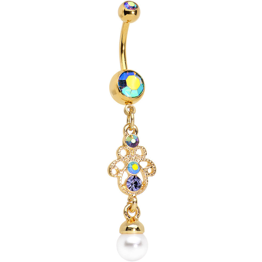 Aurora Gem Faux Pearl Gold Anodized Hamsa Dangle Belly Ring