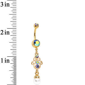 Aurora Gem Faux Pearl Gold Anodized Hamsa Dangle Belly Ring