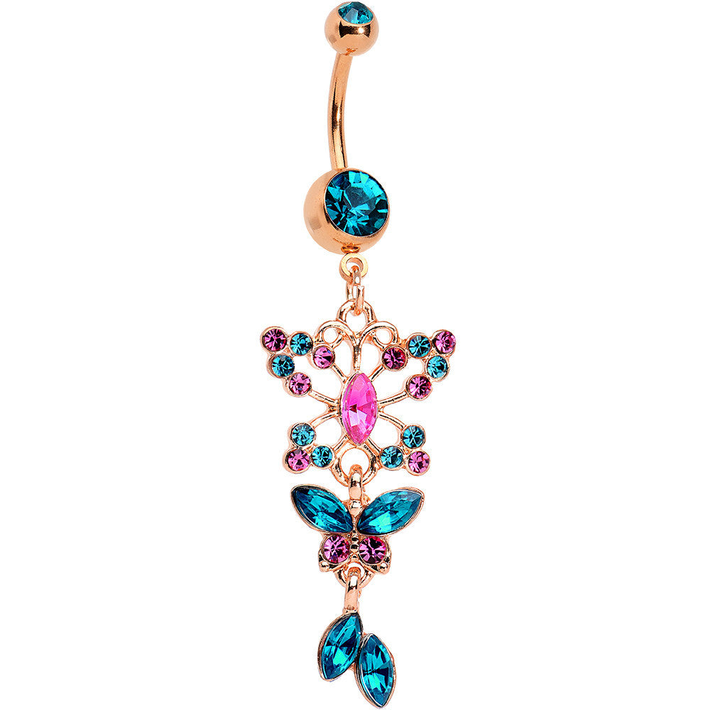 Aqua Pink Rose Gold Anodized Vibrant Butterfly Dangle Belly Ring