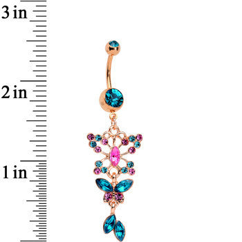 Aqua Pink Rose Gold Anodized Vibrant Butterfly Dangle Belly Ring