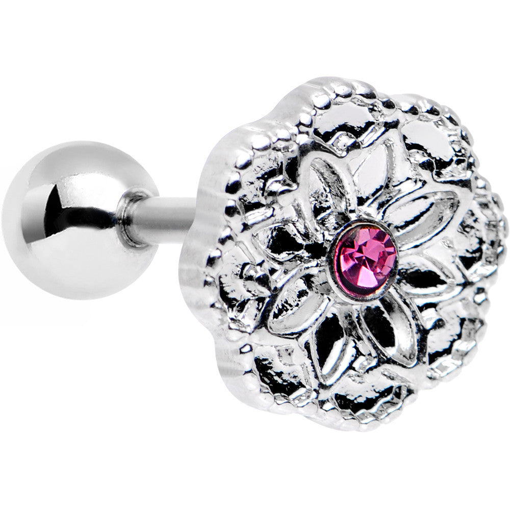 16G 1/4 Pink Gem Steel Mandala Flower Tragus Cartilage Earring