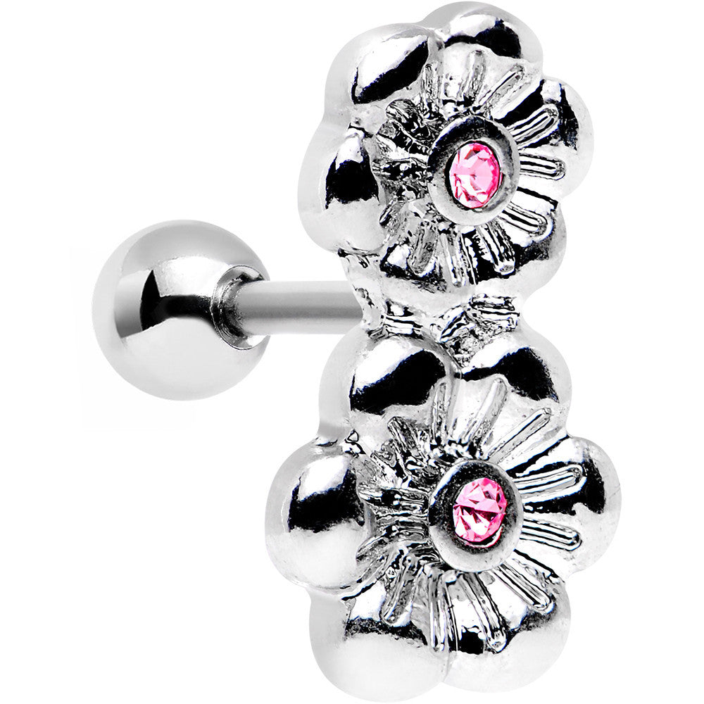 16G 1/4 Pink Gem Steel Double Flower Tragus Cartilage Earring