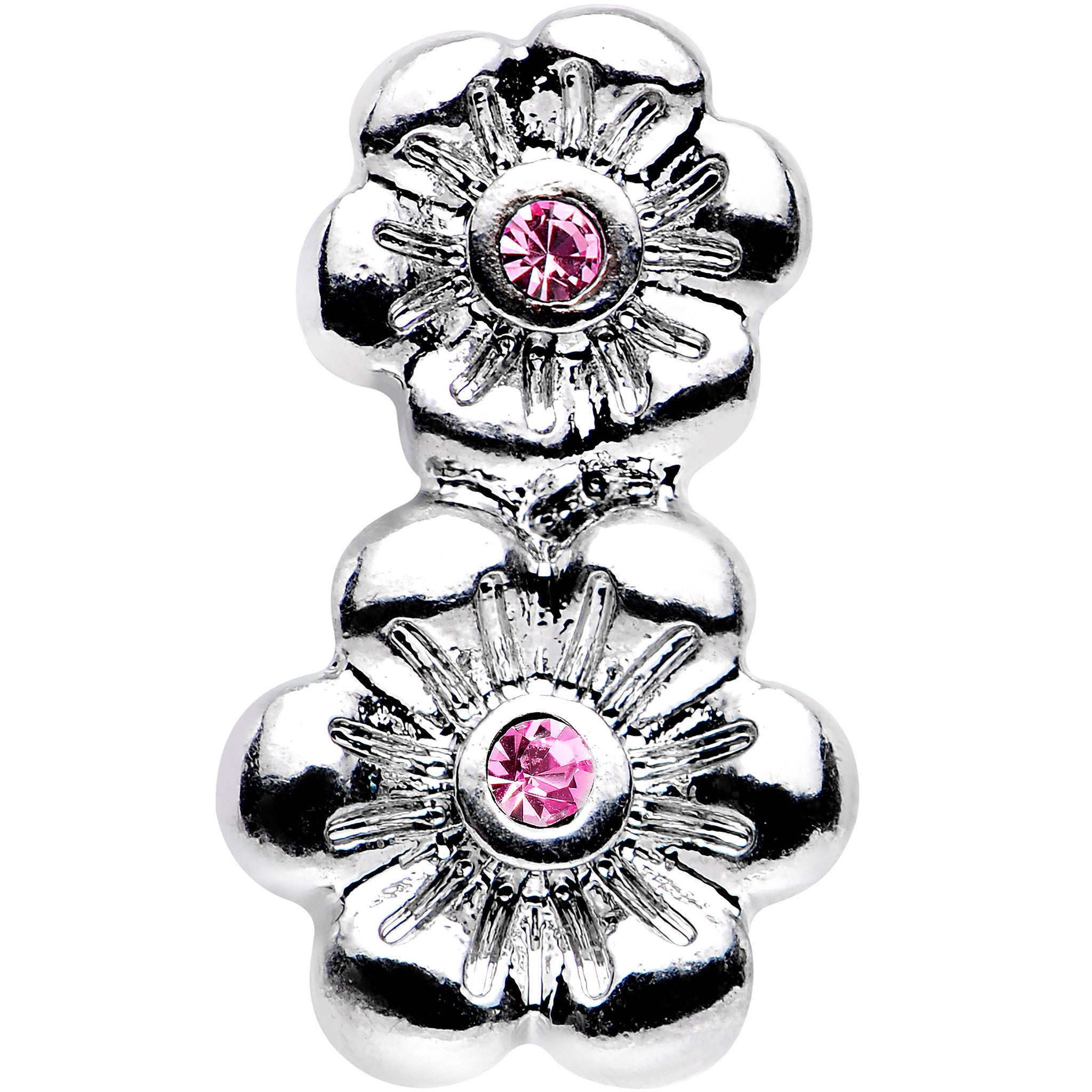 16G 1/4 Pink Gem Steel Double Flower Tragus Cartilage Earring