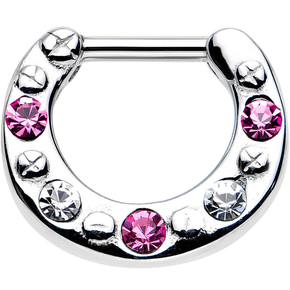14G 1/4 Pink and Clear Gem Steel Septum Clicker