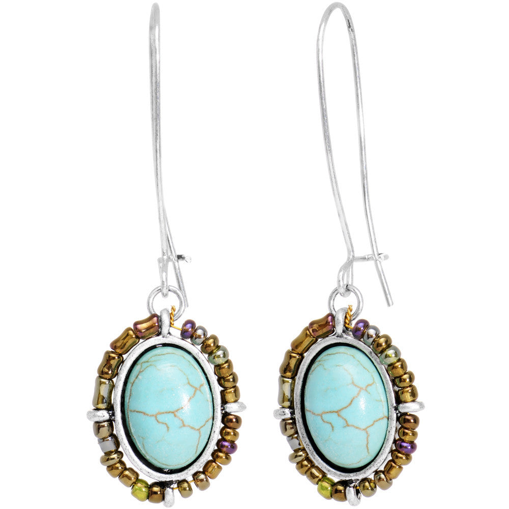Burnished Silver Tone Tuquoise Kidney Earwire Earrings