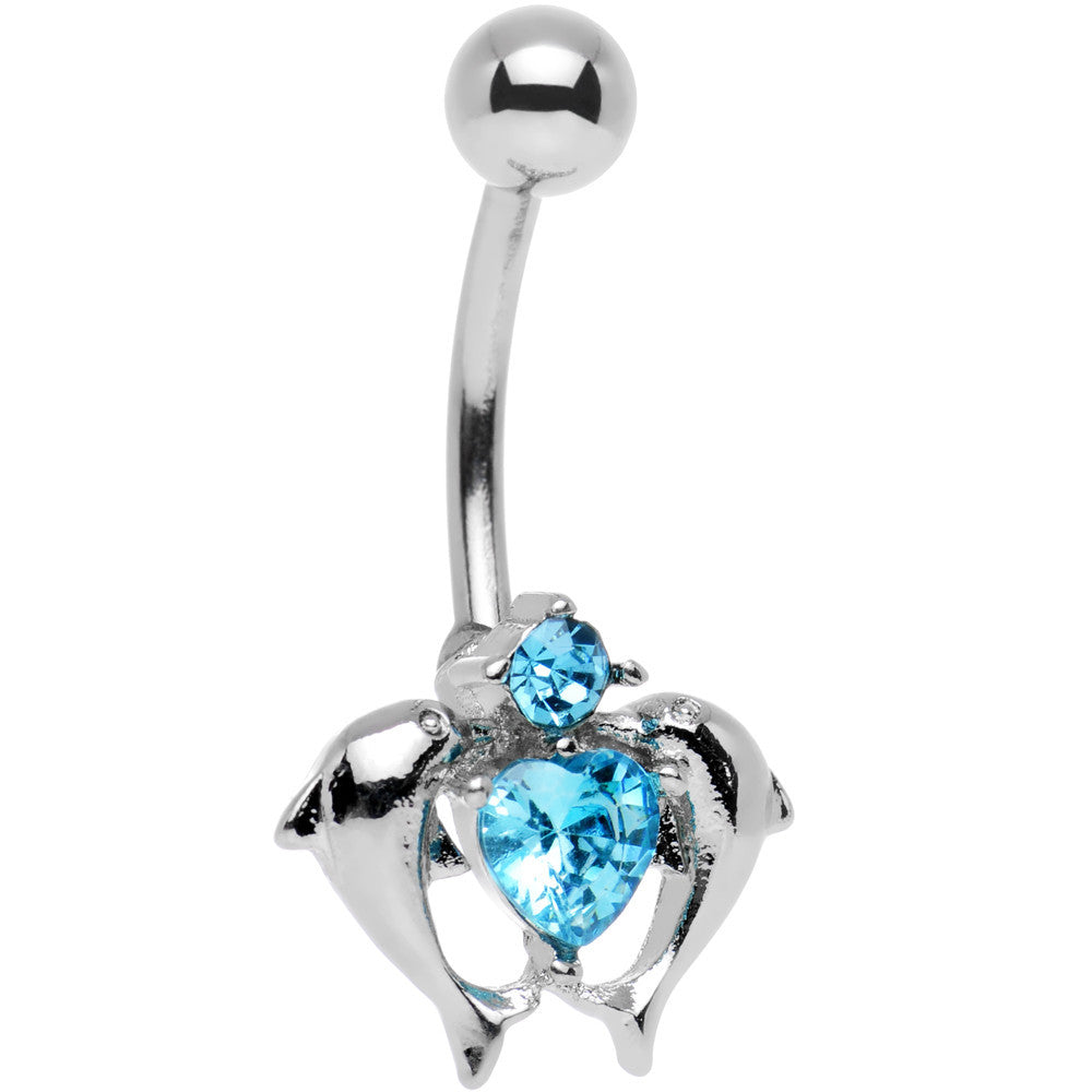 Aqua Gem Double Dolphin Heart Bottom Mount Belly Ring