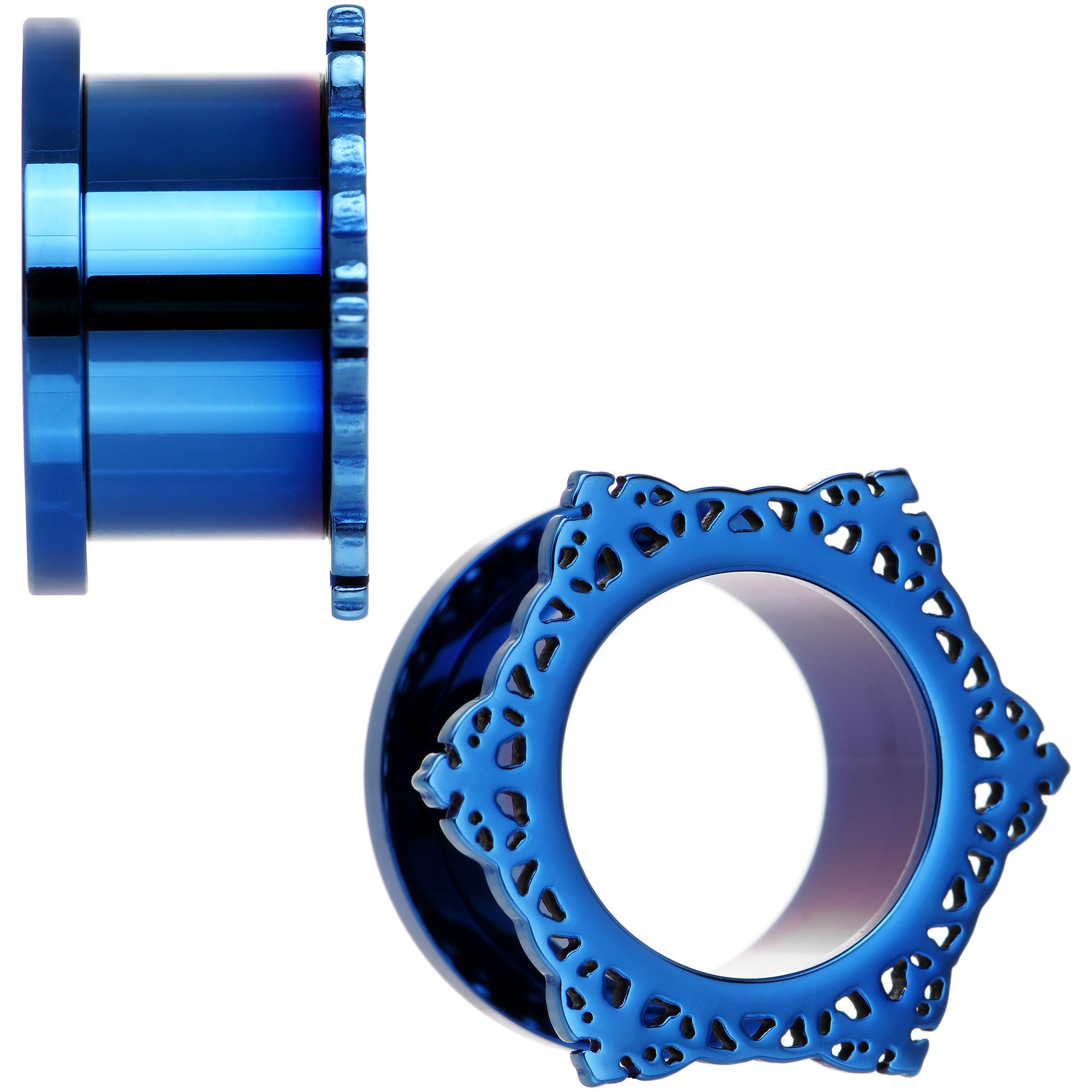 5/8 Blue PVD Filigree Frame Screw Fit Tunnel Plug Set