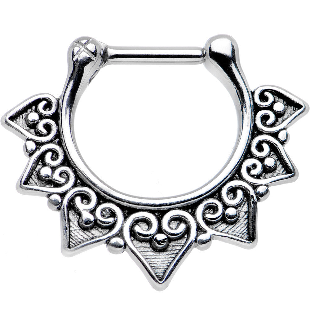 16G 1/4 Steel Barbell Ornate Heart Detailed Hoop Septum Clicker