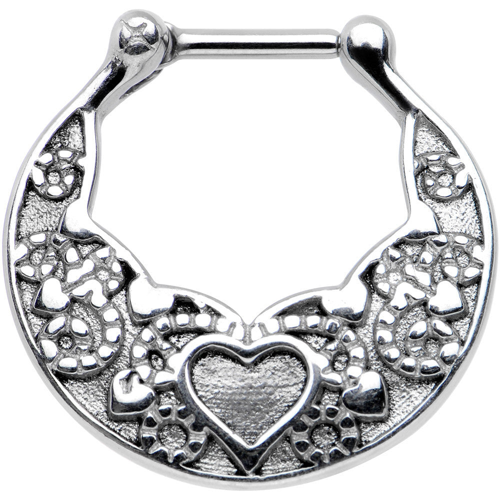 16G 1/4 Steel Bar Wide Ornate Heart Detailed Hoop Septum Clicker